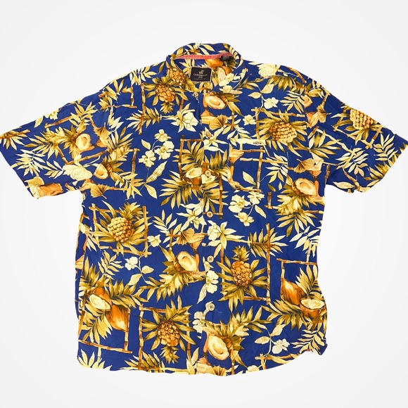 Caribbean Joe Other - Caribbean Joe Mens Blue Tropical Pineapple Coconut Rayon Button Down Shirt L